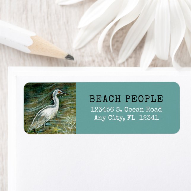 Strandbad am Meer (Gorgeous Egret Shorebird Wading Water Art return address labels from Jenn's Emporium. )