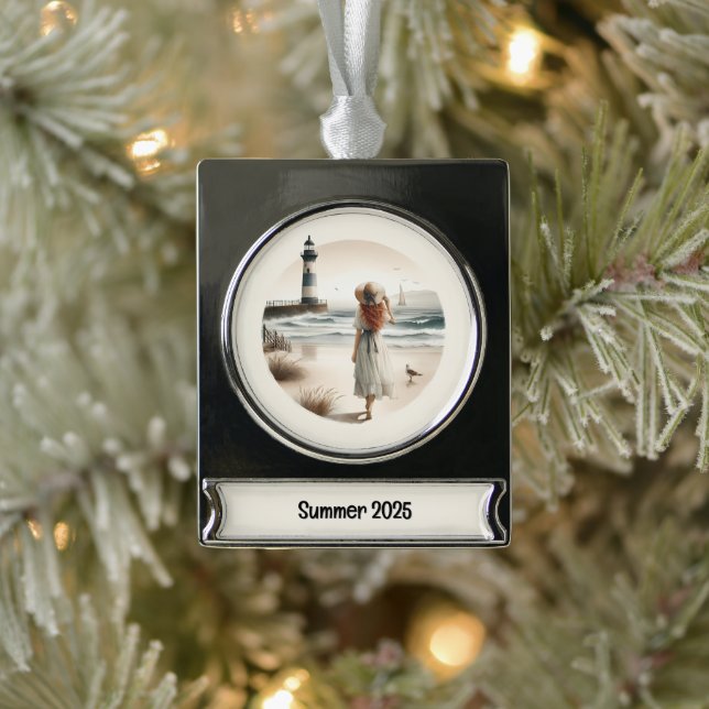 Strandbad Leuchtturm Spaziergang Banner-Ornament Silber (Baum)