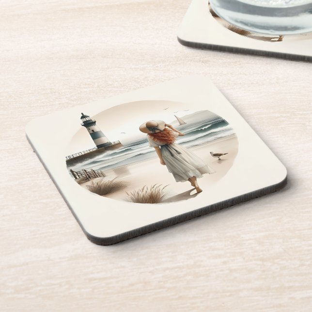 Strandbad Leuchtturm Spaziergang Getränkeuntersetzer (Linke Seite)