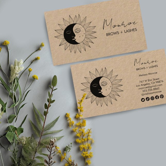 Strandbad Lido di Lugano Visitenkarte (Boho drawing of moon and sun decorate these custom business cards with social icons. Fully editable)