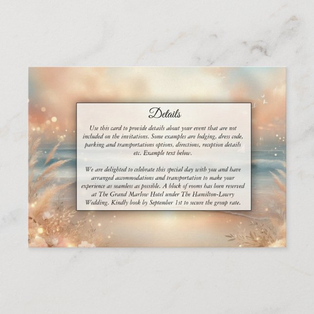 Strandbad Sparkle und Sonnenuntergang Hochzeit Begleitkarte (Vorderseite)