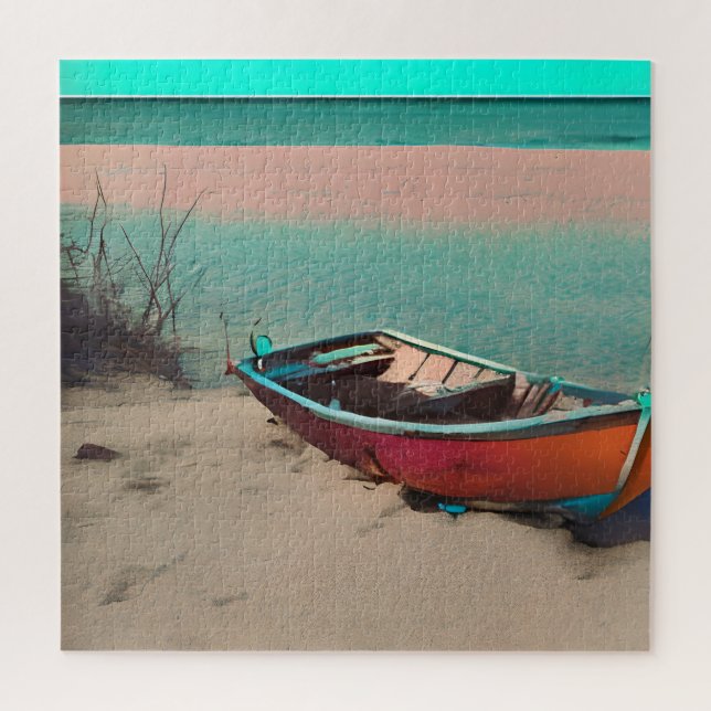 Strandboot am Sandstrand | AI Generated Art Puzzle (Vertikal)