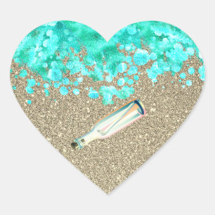 Strandbotschaft in einem Flaschenmeer Sand Gold aq Herz-Aufkleber