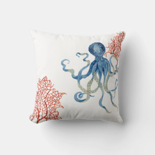 Stranddekor Roter Fan Coral Blue Octopus Wasserfar Kissen