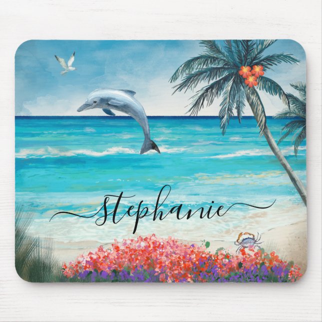 Strandfarben Seezunge Dolphin Monogramm Mousepad (Vorne)