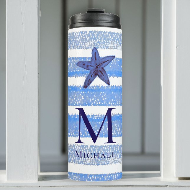 Strandfarben Thermosbecher (boy tumbler personalized monogram starfish sea blue stripes nautical ocean grandchild baby gift)