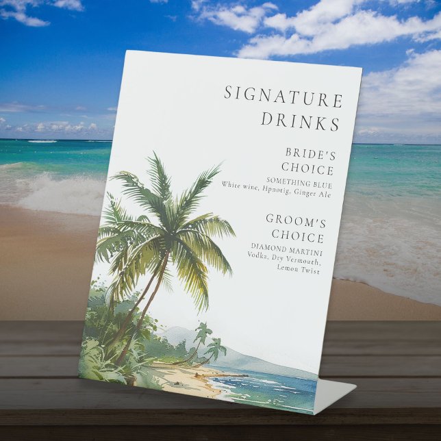 Strandfarbene Tropische Strandsignatur Getränke Ho Sockelschild (Watercolor Tropical Beach Signature Drinks Wedding Pedestal Sign)