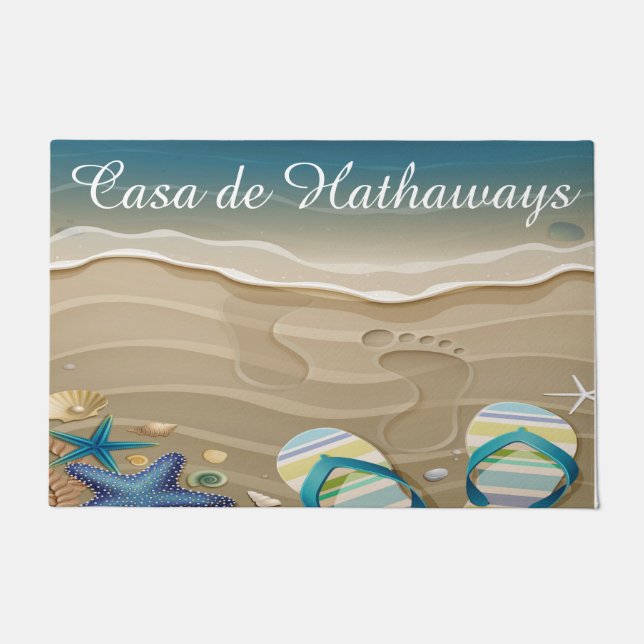 Strandfußabdrücke in Sand, Flip Flops, Muscheln Fußmatte (Vorderseite)