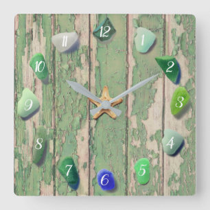 Strandglasküstendekor Driftwood Green Gray Quadratische Wanduhr