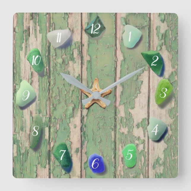 Strandglasküstendekor Driftwood Green Gray Quadratische Wanduhr (Vorderseite)