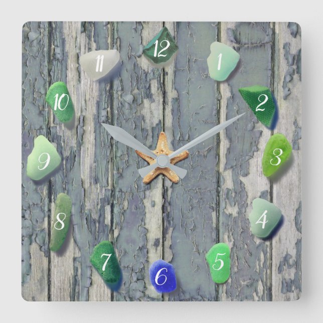 Strandglass Küstendekoration Driftwood Blue Green Quadratische Wanduhr (Vorderseite)