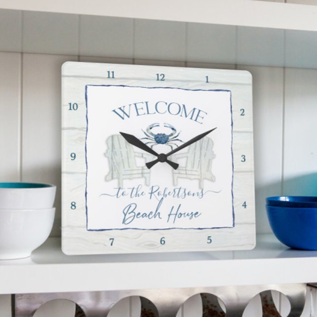 Strandhaus Aquarell Adirondack Stuhl Krabbenbezeic Quadratische Wanduhr (Von Creator hochgeladen)