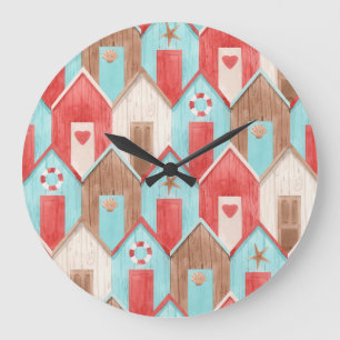 Strandhaus Aquarell: Retromuster. Große Wanduhr