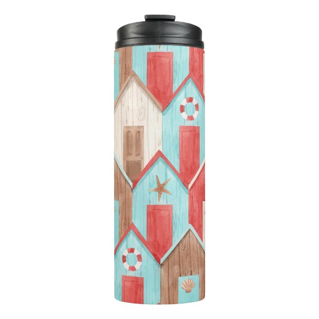 Strandhaus Aquarell: Retromuster. Thermosbecher (Vorderseite)