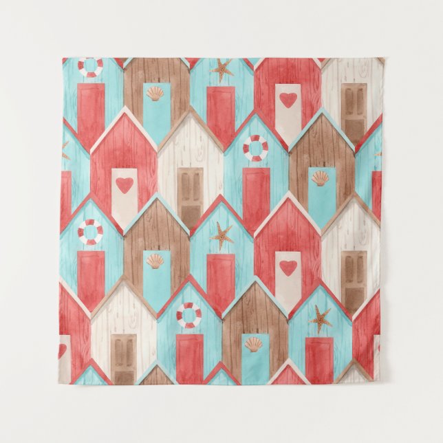Strandhaus Aquarell: Retromuster. Wandteppich (Vorderseite)
