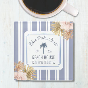 Strandhaus Blaue Streifen Küsten Boho Bauernhaus Glasuntersetzer