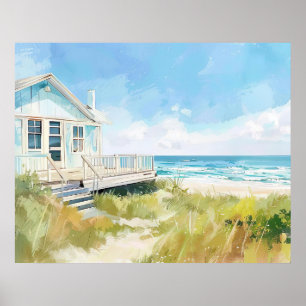 Strandhaus im Aquarellstil in hellen Farben Poster