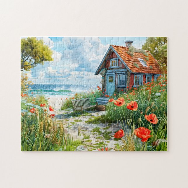 Strandhaus mit Dünen und Mohnblumen Puzzle (Horizontal)