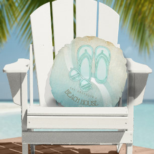Strandhaus-Sonnenbrille und Flip Flops Aqua ID623 Rundes Kissen