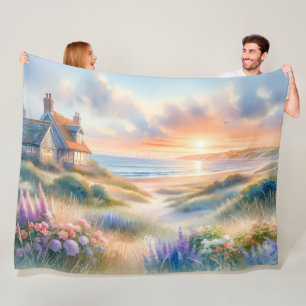 Strandhaus-Sonnenuntergang-Dünen Aquarell Fleecedecke