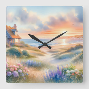 Strandhaus-Sonnenuntergang-Dünen Aquarell Quadratische Wanduhr