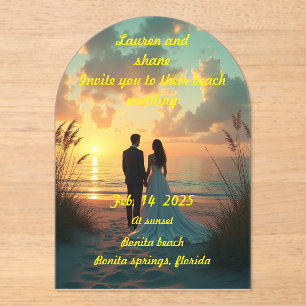 Strandhochzeit bei Sonnenuntergang Acryleinladungen