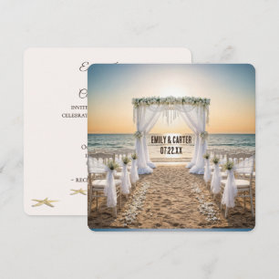 Strandhochzeit bei Sonnenuntergang mit Brautbogen Einladung