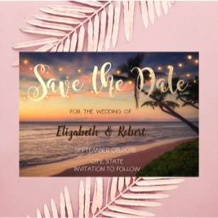 Strandhochzeit bei Sonnenuntergang, Palmen, Lichte Save The Date