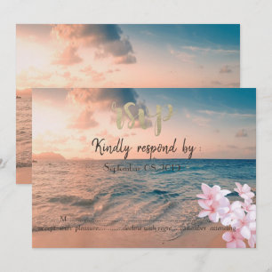 Strandhochzeit bei Sonnenuntergang, Plumeria  RSVP Einladung
