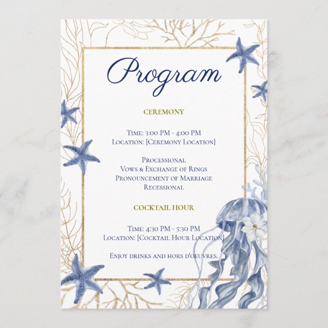 Strandhochzeit Blau & Gold Programm (Vorderseite)