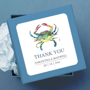 Strandhochzeit Blaue Krabbe Dankeschön Geschenk Quadratischer Aufkleber