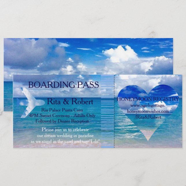 Strandhochzeit| Boarding Pass Ticket Zielort Einladung (Vorne/Hinten)