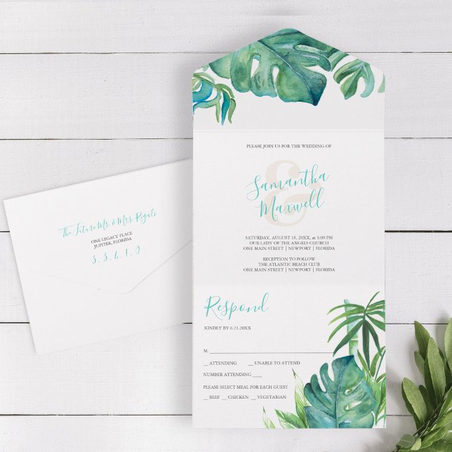 Strandhochzeit in Florida Einladung mit UAWG (tropical beach wedding all in one invitation features watercolor palm leaves. )