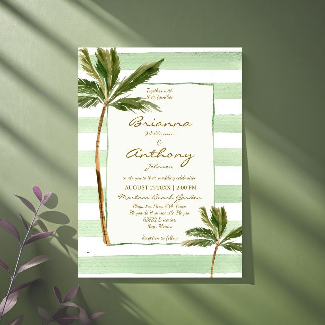 Strandhochzeit mit grünem Streifen Einladung (Green stripes palms handrawn retro beach wedding invitation cards template instant download)