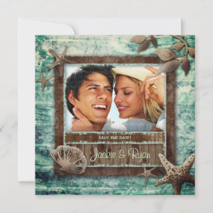 Strandhochzeit mit Meeresmuscheln grüne Einladung