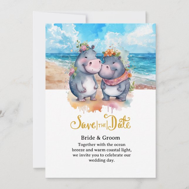  Strandhochzeit mit Nilpferd-Paar  Einladung (Vorderseite)