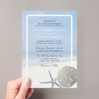 Strandhochzeit mit Sanddollar und Seestern Acryleinladungen