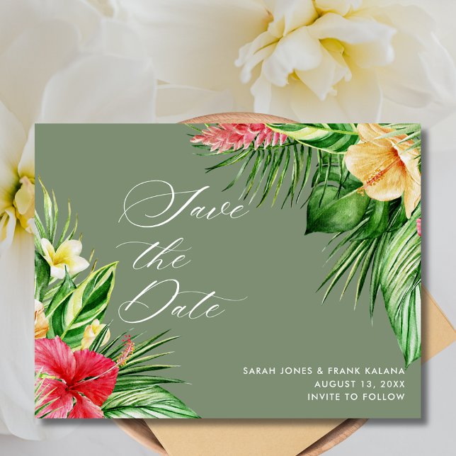 Strandhochzeit mit tropischer Blüte Save the Date Ankündigungspostkarte (Beach Wedding Tropical Floral Save the Date Postcard)