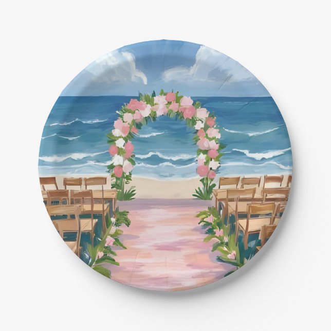 Strandhochzeit Mittelgang Floral Wasserfarbe Pappteller (Vorderseite)