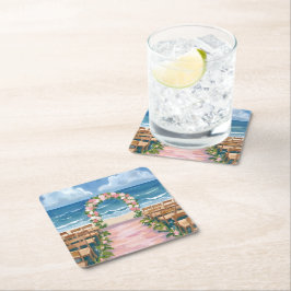 Strandhochzeit Mittelgang Floral Wasserfarbe Rechteckiger Pappuntersetzer