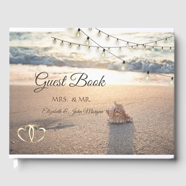 Strandhochzeit, Muschel, Lichterketten Gästebuch (Vorderseite)