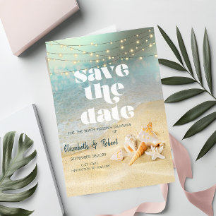 Strandhochzeit Muscheln Lichterkette SaveTheDate Save The Date
