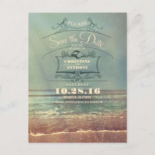 Strandhochzeit-Retro Save the Date Postkarten (Vorderseite)
