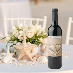 Strandhochzeit Sand Herzen Weinetikett