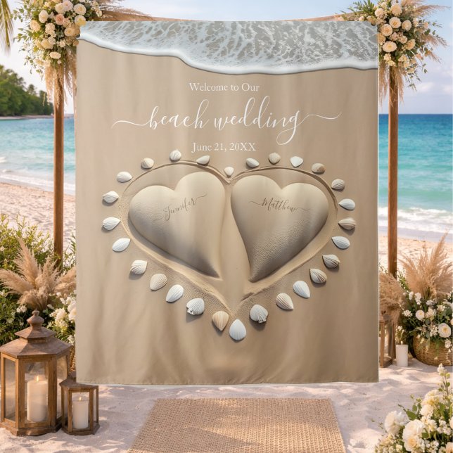 Strandhochzeit Sandherzen Wandteppich (Beach Wedding Sand Hearts Tapestry)