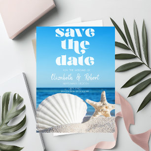 Strandhochzeit, Sandstrand, weiße Muscheln Save th The Date