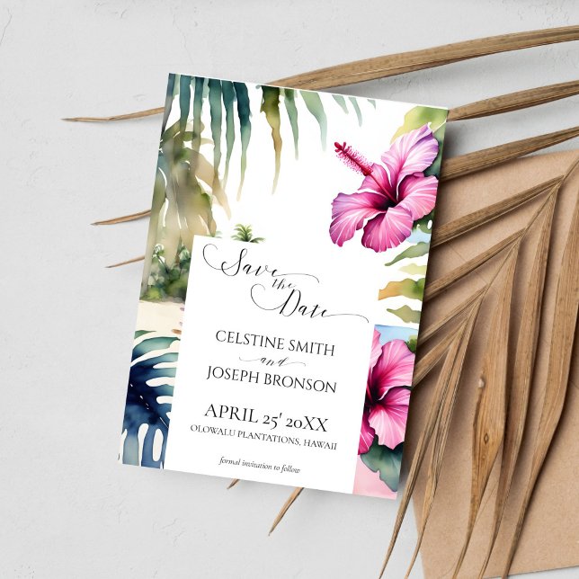 Strandhochzeit Save the Date (Tropical beach wedding save the date card template digital download watercolor palms pink hibiscus)