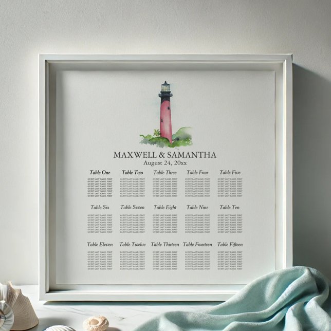 Strandhochzeit - schöner Leuchtturm Poster (Seating chart for destination weddings watercolor Jupiter lighthouse art by Victoria Grigaliunas)