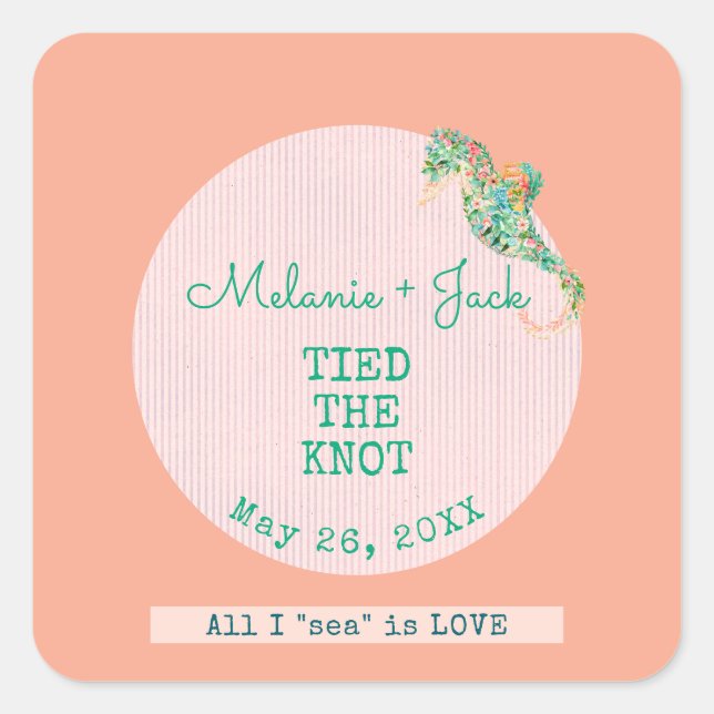 Strandhochzeit-Seepferdchen-Streifen Quadratischer Aufkleber (Vorderseite)