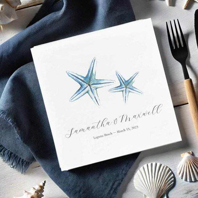 Strandhochzeit Serviette (Beach wedding cocktail napkins personalized with the bride and grooms names and blue starfish)